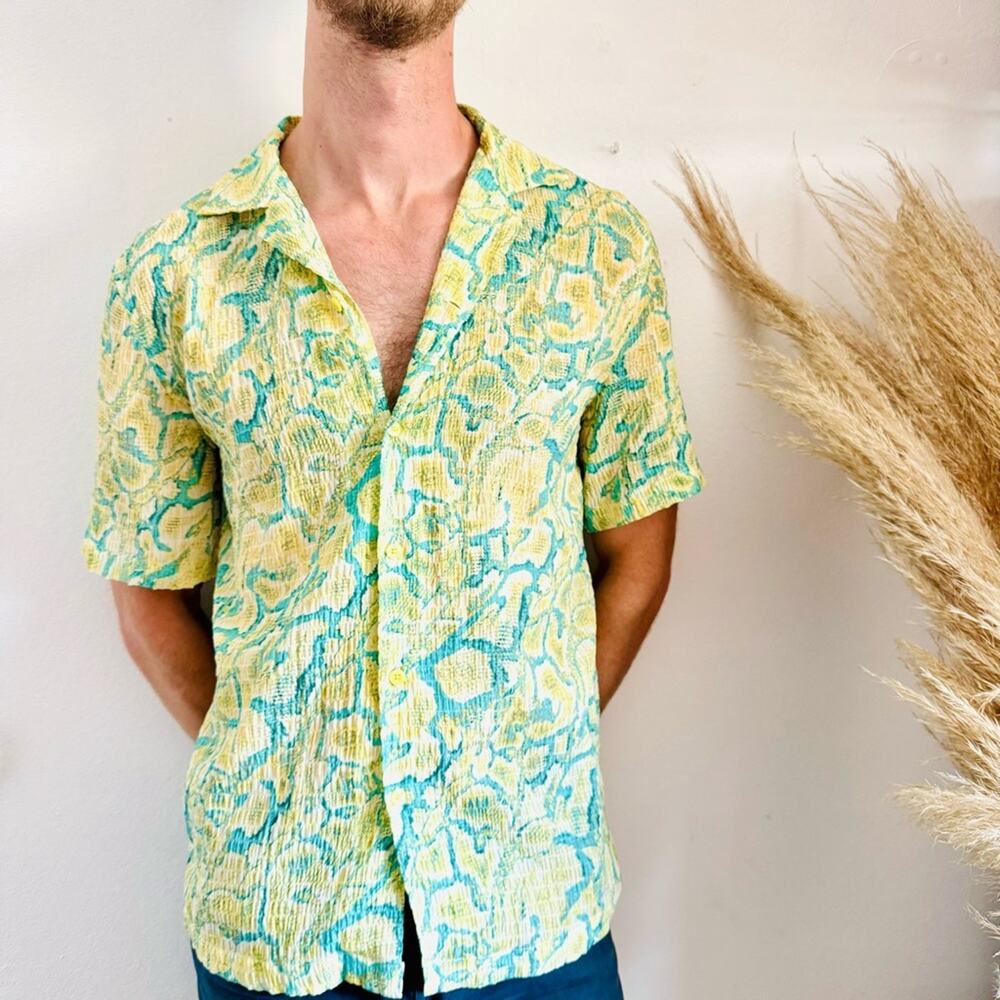 MENS ZARA Yellow Blue Green Snakeskin Print Button Down Short Sleeve Shirt Top S